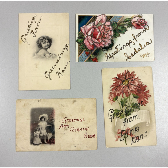 Antique Postcards Glitter Words Flowers Children Lot of 4 Early 1900s - Picture 1 of 16
